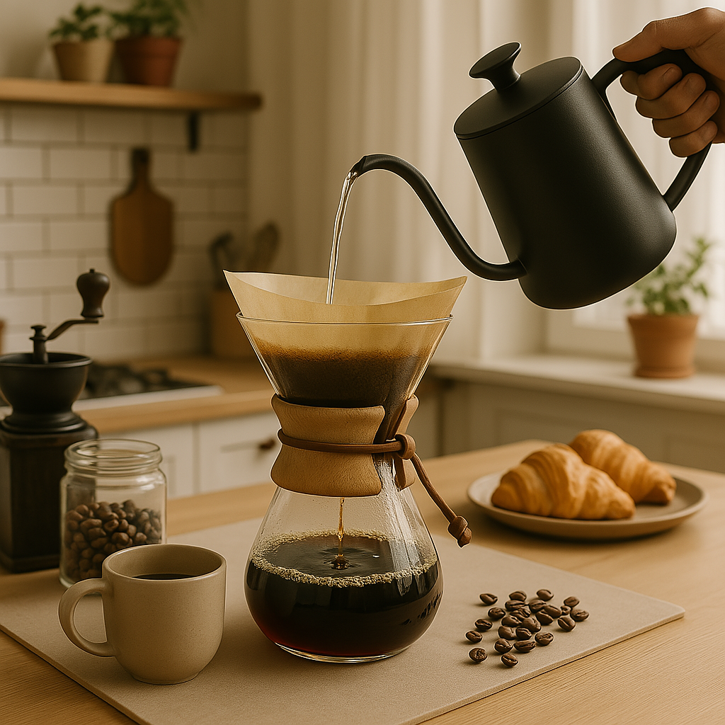 Gourmet coffee brewing in kitchen
