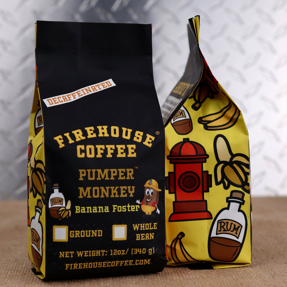 12 oz bag of Firehouse Coffee Pumper Monkey Decaf Banana Foster coffee with sweet banana, caramelized brown sugar, cinnamon, and rum flavor. Premium decaf coffee available in whole bean or ground.