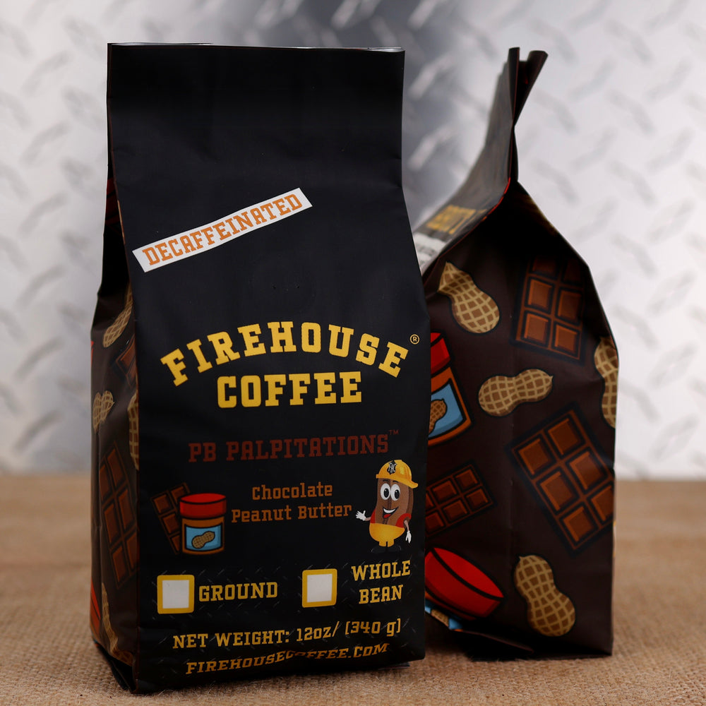 Firehouse Coffee PB Palpitations Decaf Chocolate Peanut Butter Flavored Coffee in a 12 oz bag, crafted with premium Swiss Water Process decaffeinated coffee and infused with rich milk chocolate and creamy peanut butter flavors. Fresh roasted and available in whole bean or ground with Firehouse Coffee's firefighter-themed packaging.