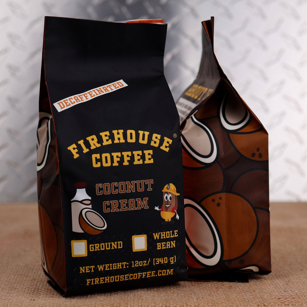 12oz bag of Firehouse Coffee Decaf Coconut Cream flavored coffee featuring creamy coconut flavor, Swiss Water Process decaf coffee made from premium 100% Arabica beans and freshly roasted.