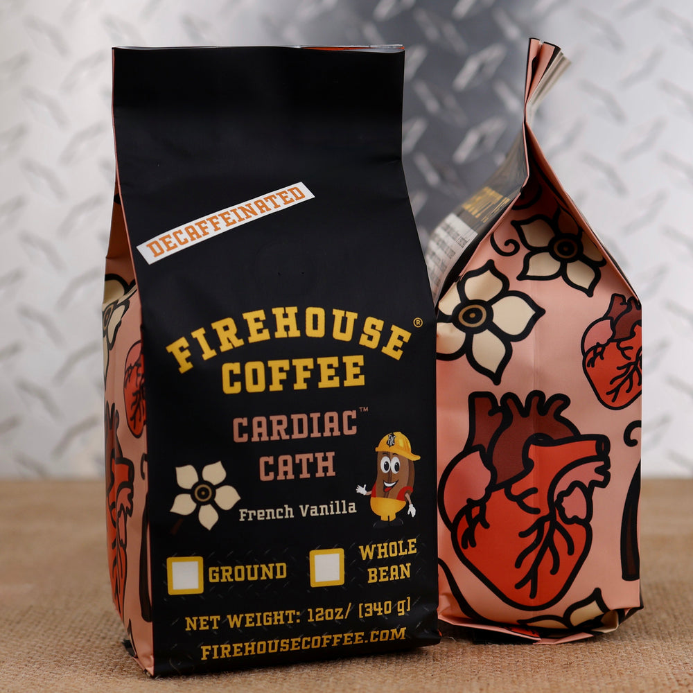 Firehouse Coffee Decaf French Vanilla Custard Flavored Coffee 12oz bag, Swiss Water Process decaffeinated premium Arabica coffee with creamy French vanilla, rich vanilla custard, and buttery dessert flavors, freshly roasted.