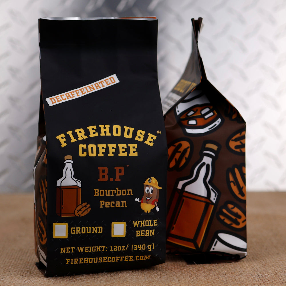 Firehouse Coffee Decaf Bourbon Pecan flavored coffee in a 12oz bag offers the smooth taste of bourbon-inspired flavor and roasted pecans in a rich, freshly roasted gourmet decaffeinated coffee.