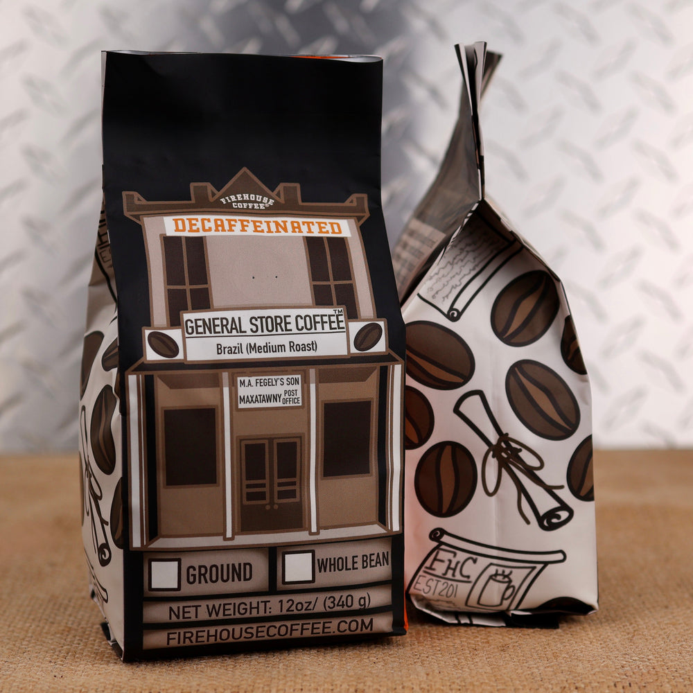 Firehouse Coffee General Store Decaf Brazil medium roast coffee bag, made with Swiss Water Process decaffeinated Brazilian beans for a smooth, low-acid cup with chocolate and roasted nut notes.