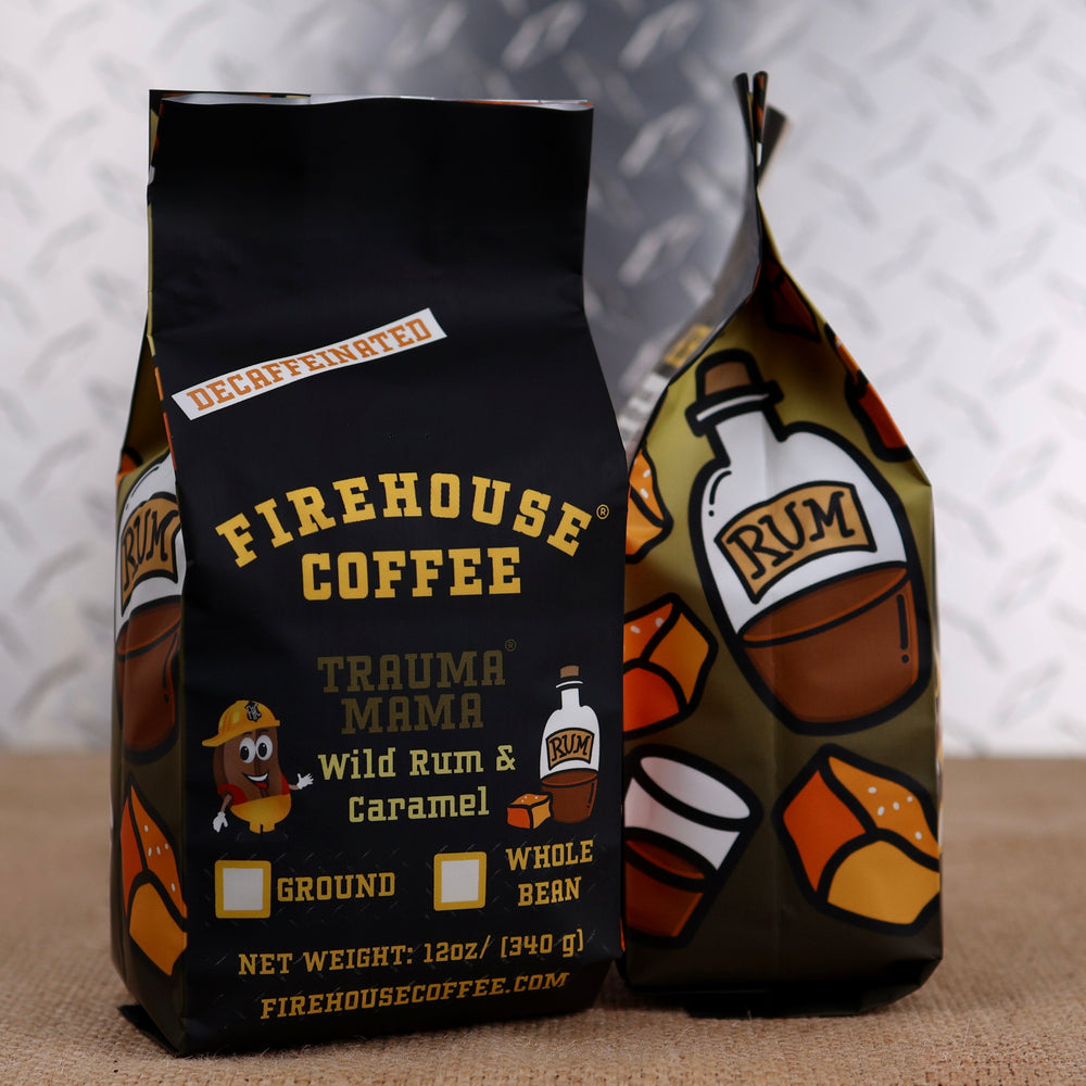 Firehouse Coffee Trauma Mama™ Decaf coffee combines bold wild rum-inspired flavor with creamy caramel in a freshly roasted gourmet decaffeinated coffee. Available in whole bean or ground.