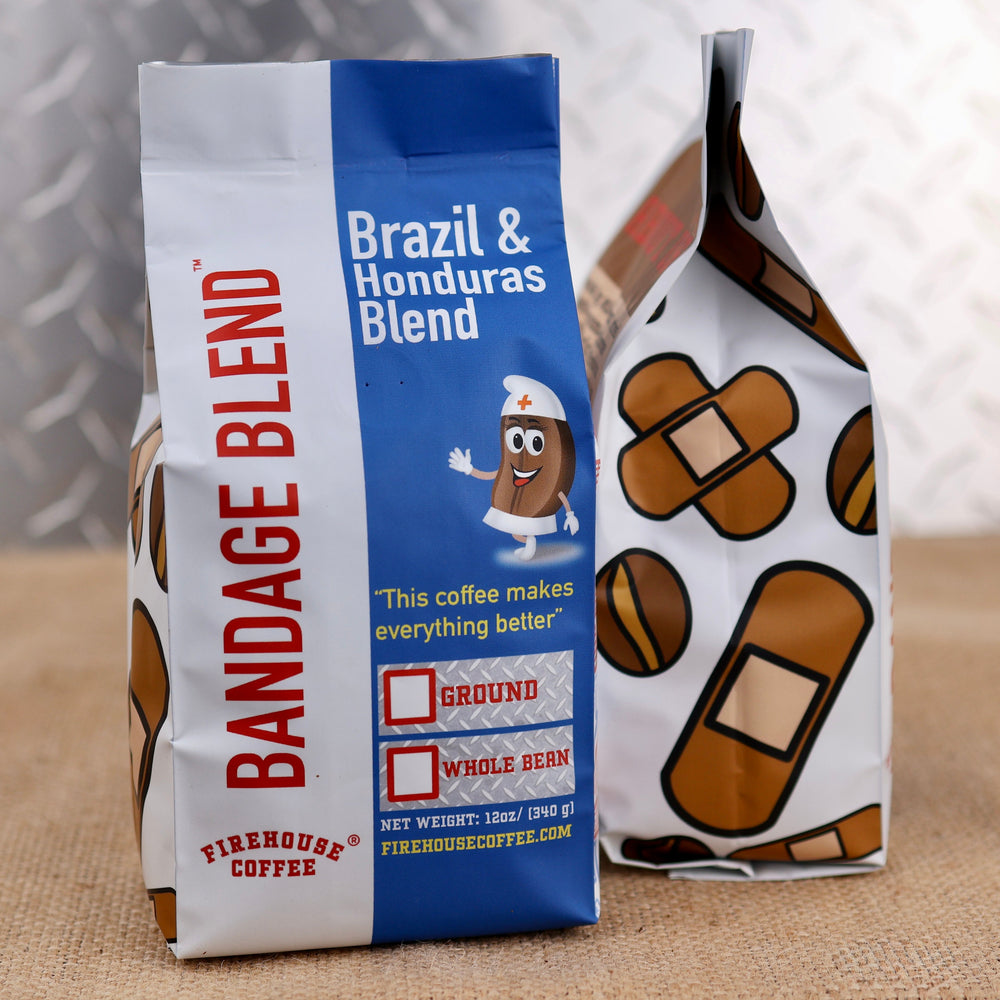 Two coffee bags with 'Bandage Blend' branding. Bag looks like a box of bandaids.