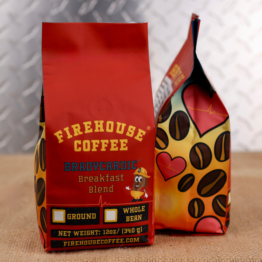 Firehouse Breakfast Blend whole bean or ground coffee in a 12 oz bag. Premium breakfast blend coffee freshly roasted for a smooth, medium-bodied cup with bright acidity and rich, balanced flavor.