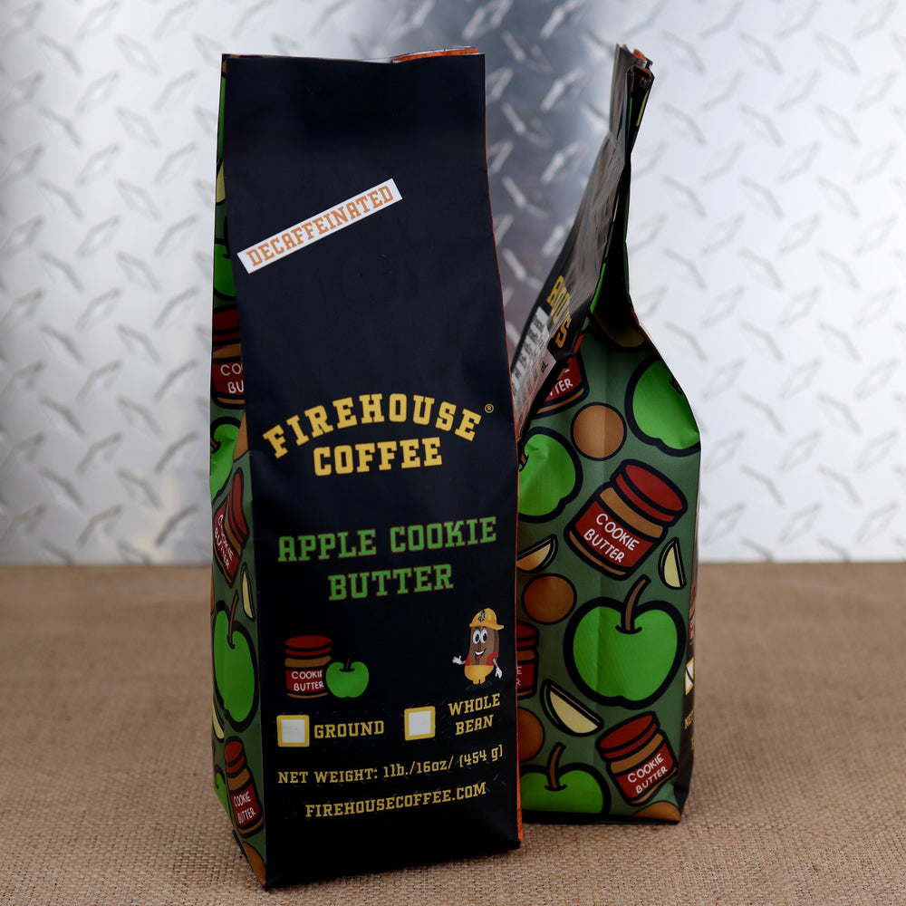 A decaffeinated bag of Firehouse Coffee Apple Cookie Butter flavor next to a bag showing its apple side pattern.