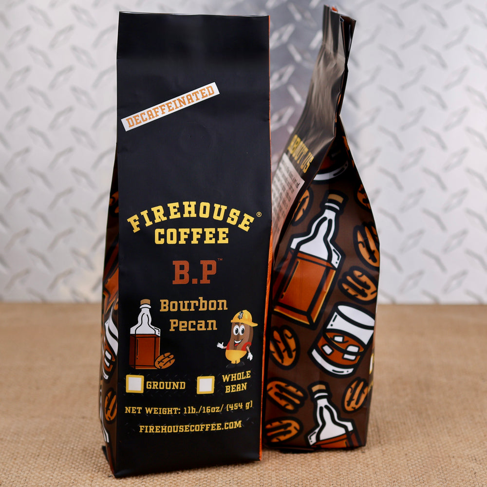 Firehouse Coffee B.P. Bourbon Pecan decaffeinated flavored coffee in a 1 lb bag.