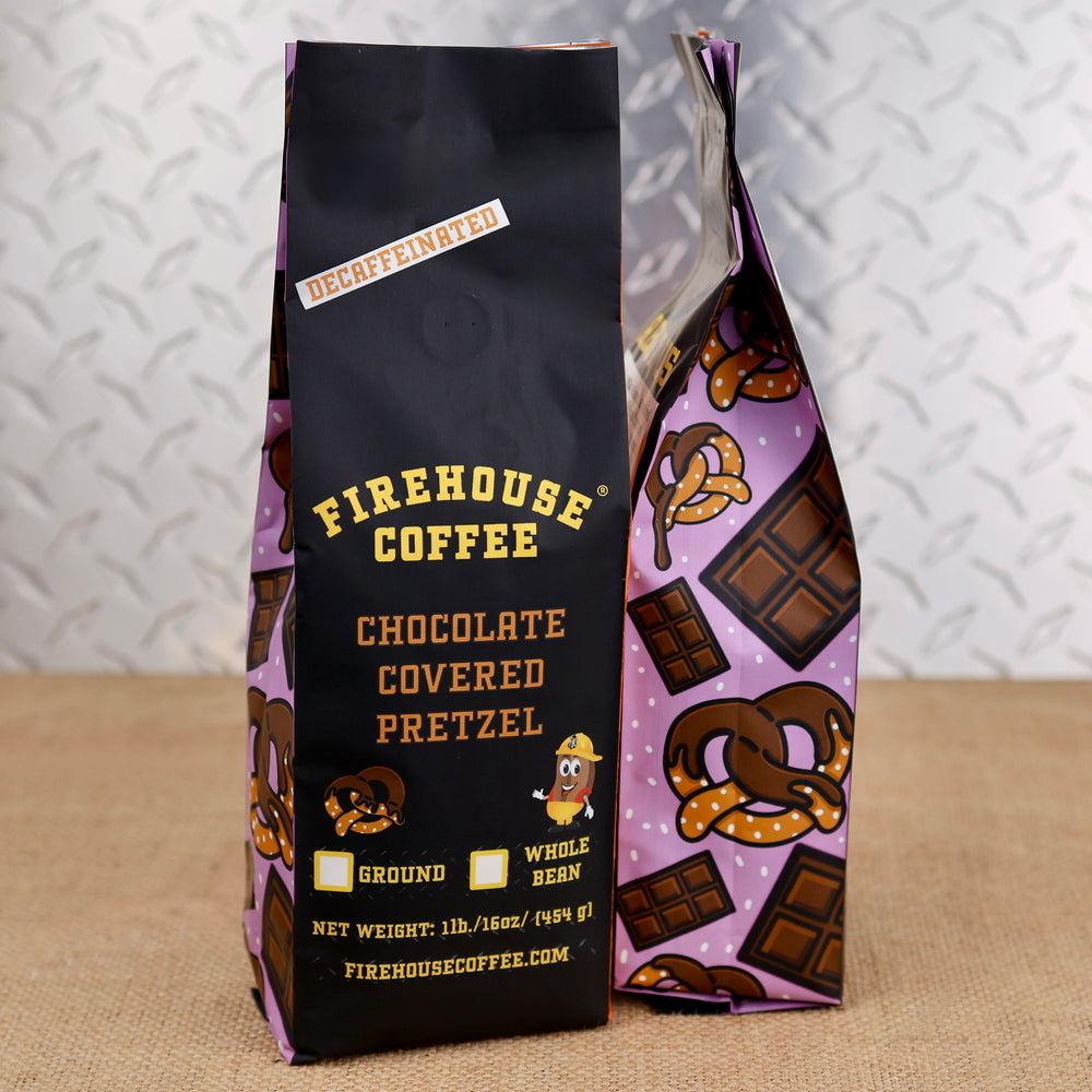 Firehouse Coffee Chocolate Covered Pretzel flavored decaf coffee in a 1 lb bag.