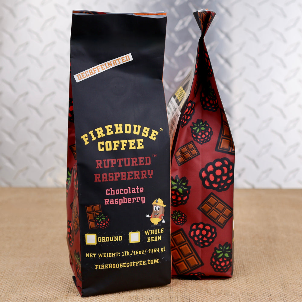 Firehouse Coffee Ruptured Raspberry™ Chocolate Raspberry flavored decaf coffee in a 1 lb bag.