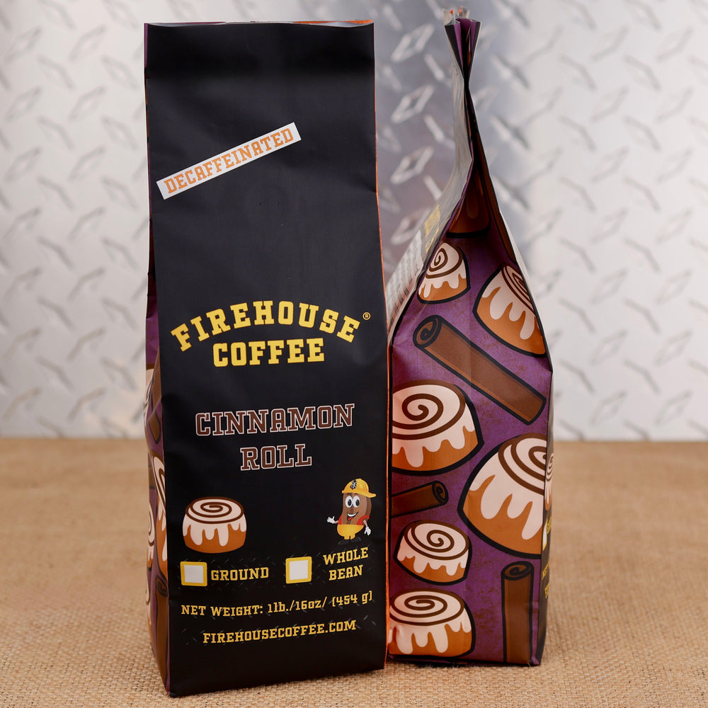 Firehouse Coffee Cinnamon Roll flavored decaf coffee in a 1 lb bag.