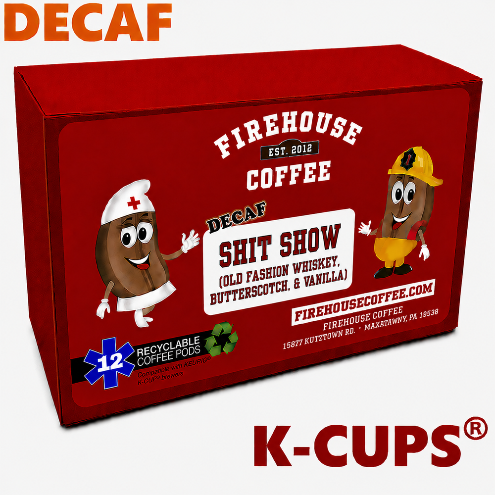 Firehouse Coffee Shit Show flavored coffee in KCups featuring a chaotic first responder-inspired design. This specialty coffee blends the rich flavors of Old Fashioned whiskey, creamy butterscotch, and smooth vanilla, available in whole bean or ground. Bold, dessert-inspired coffee from Firehouse Coffee with emergency services-themed artwork.
