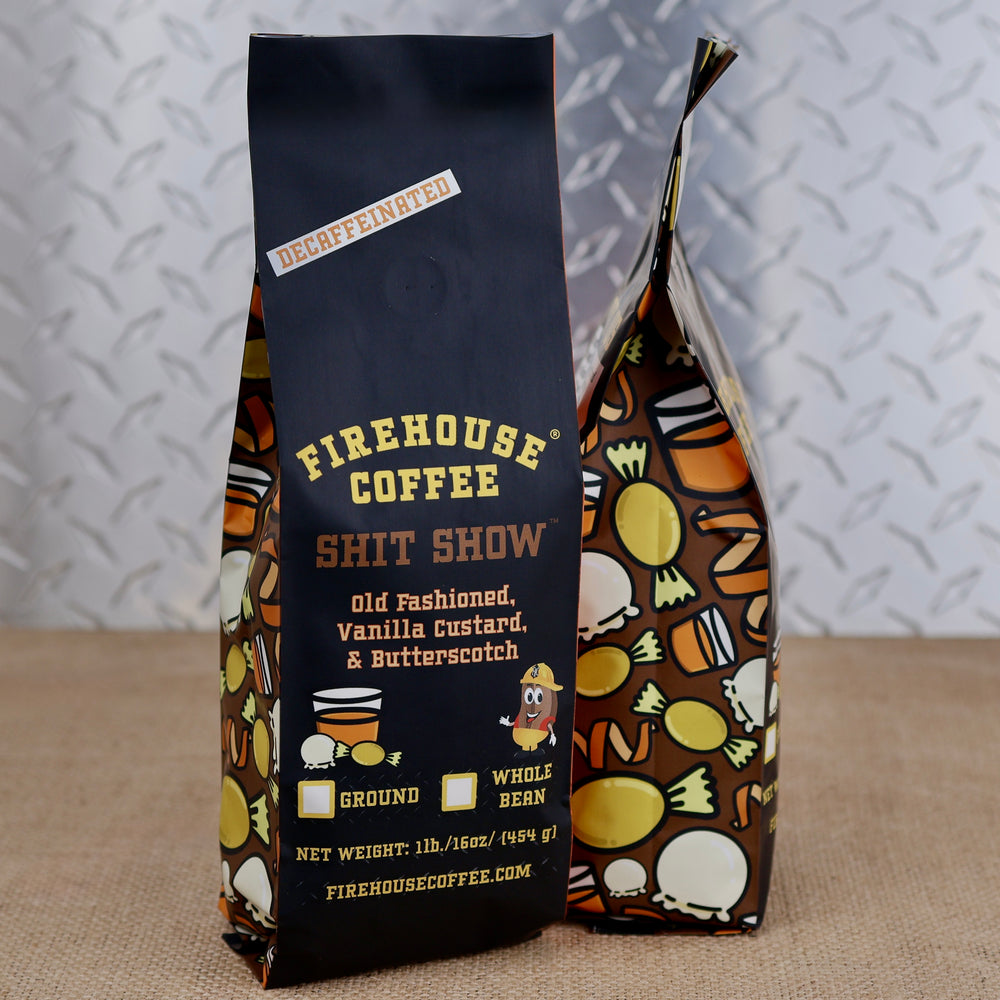 Firehouse Coffee Shit Show decaf coffee in a 1 lb bag, featuring Old Fashioned, vanilla custard, and butterscotch flavors.