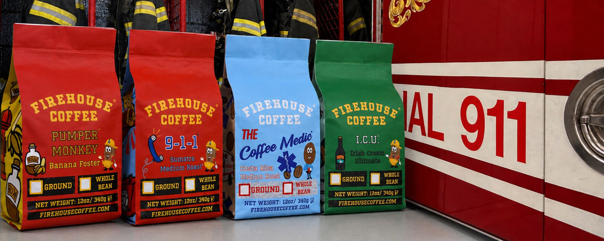 Four Firehouse Coffee bags displayed beside firefighter turnout gear and a red fire engine