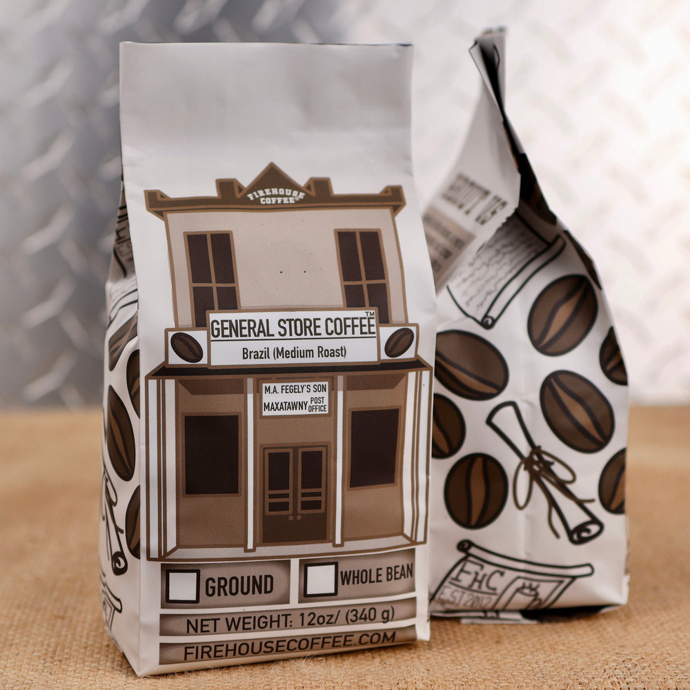 Firehouse General Store Brazil Medium Roast Coffee whole bean or ground in a 12 oz bag. Premium Brazilian coffee freshly roasted for smooth flavor with cocoa, caramel sweetness, and a clean, medium-bodied finish.
