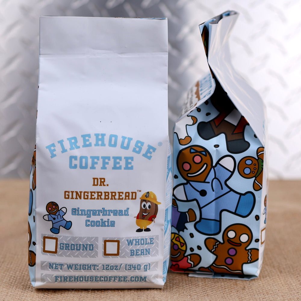 Firehouse Coffee Gingerbread Cookie Flavored Coffee with warm gingerbread, cinnamon, and holiday spice flavors, available in ground or whole bean.