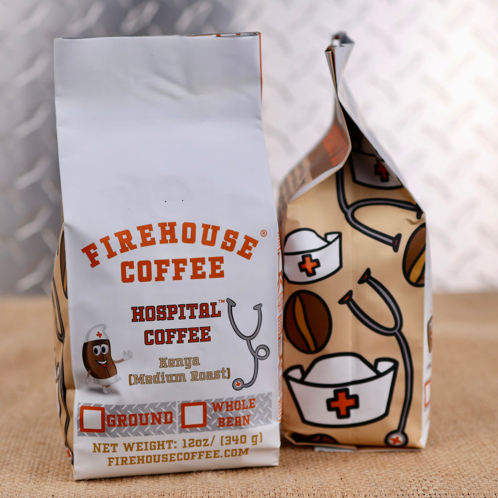 Firehouse Hospital Coffee Kenya Medium Roast whole bean or ground coffee. Premium Kenyan coffee freshly roasted with vibrant fruit notes, balanced acidity, rich body, and a smooth finish in a 12 oz bag.