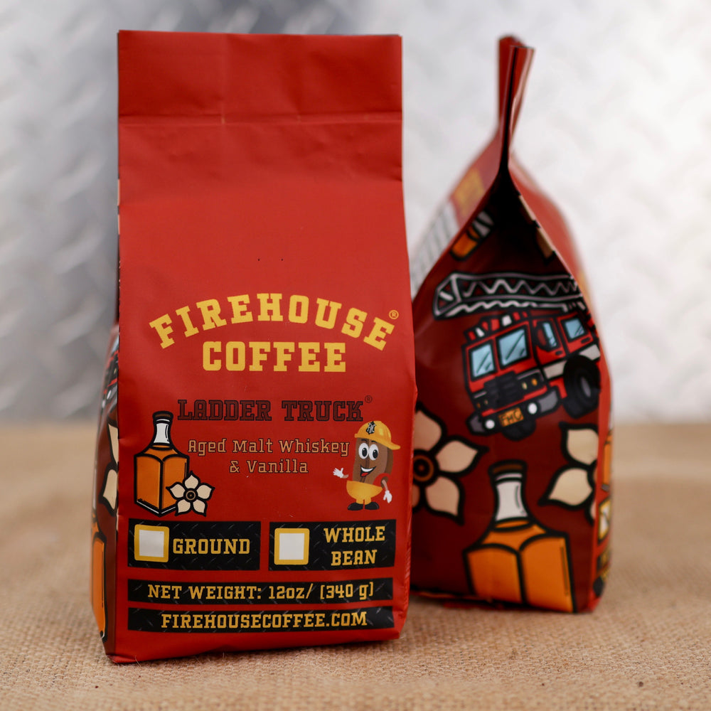 Ladder Truck® is a Aged Whiskey and Vanilla Flavored Coffee. The bag has a photo of a ladder fire truck on it.