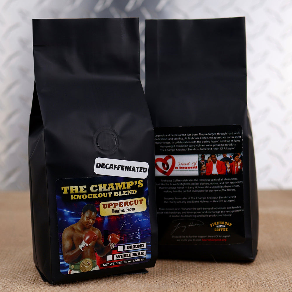 Firehouse Coffee Larry Holmes Upper Cut Decaf Bourbon Pecan flavored coffee in a premium 12 oz bag, available in whole bean or ground coffee with smooth bourbon and roasted pecan flavor.