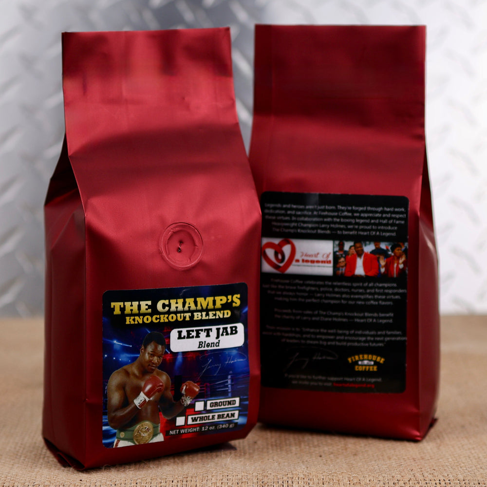 Larry Holmes Left Jab Blend by Firehouse Coffee, premium gourmet coffee featuring heavyweight champion Larry Holmes, available in whole bean or ground in a 12 oz bag.