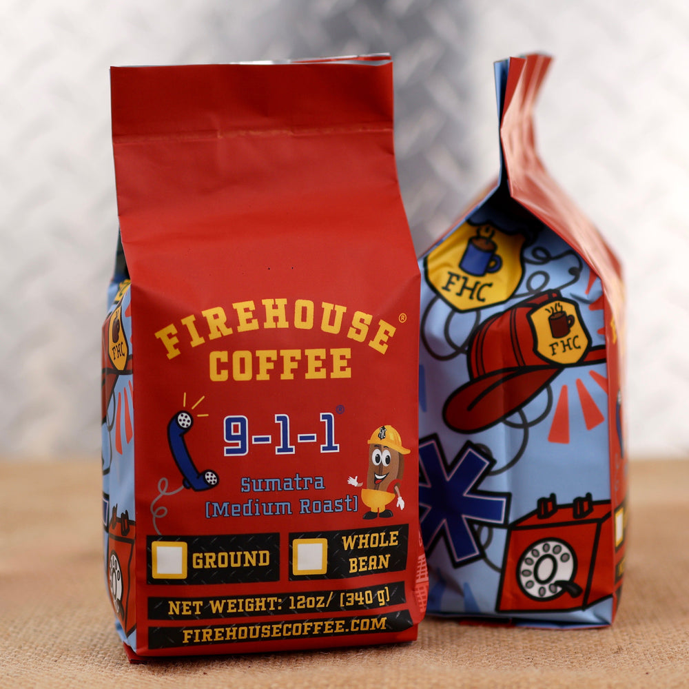 911 Coffee is our Sumatra Medium Roast Coffee with a first responder themed bag with a star of life, fire helmet, police badge, and telephone.