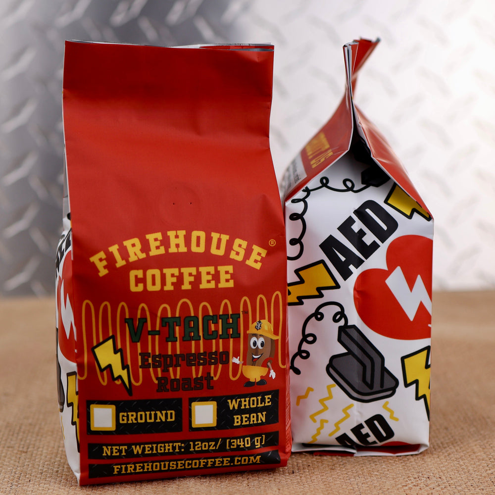 Firehouse V-Tach Espresso Coffee whole bean or ground in a 12 oz bag. Premium espresso roast freshly roasted for rich flavor, low acidity, dark cocoa notes, and a smooth, velvety finish.