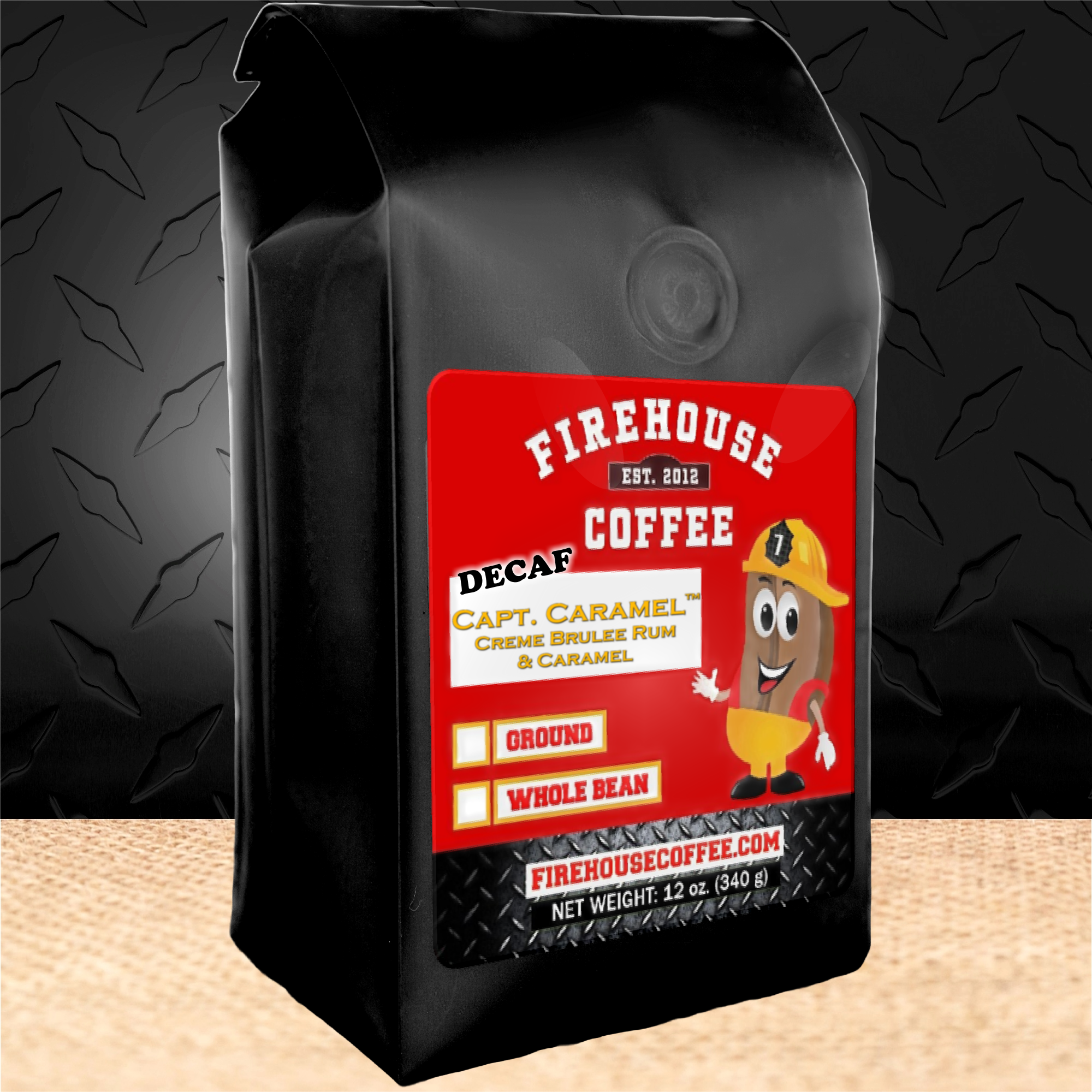 12 oz bag of Creme Brulee Rum and Caramel Decaf Coffee