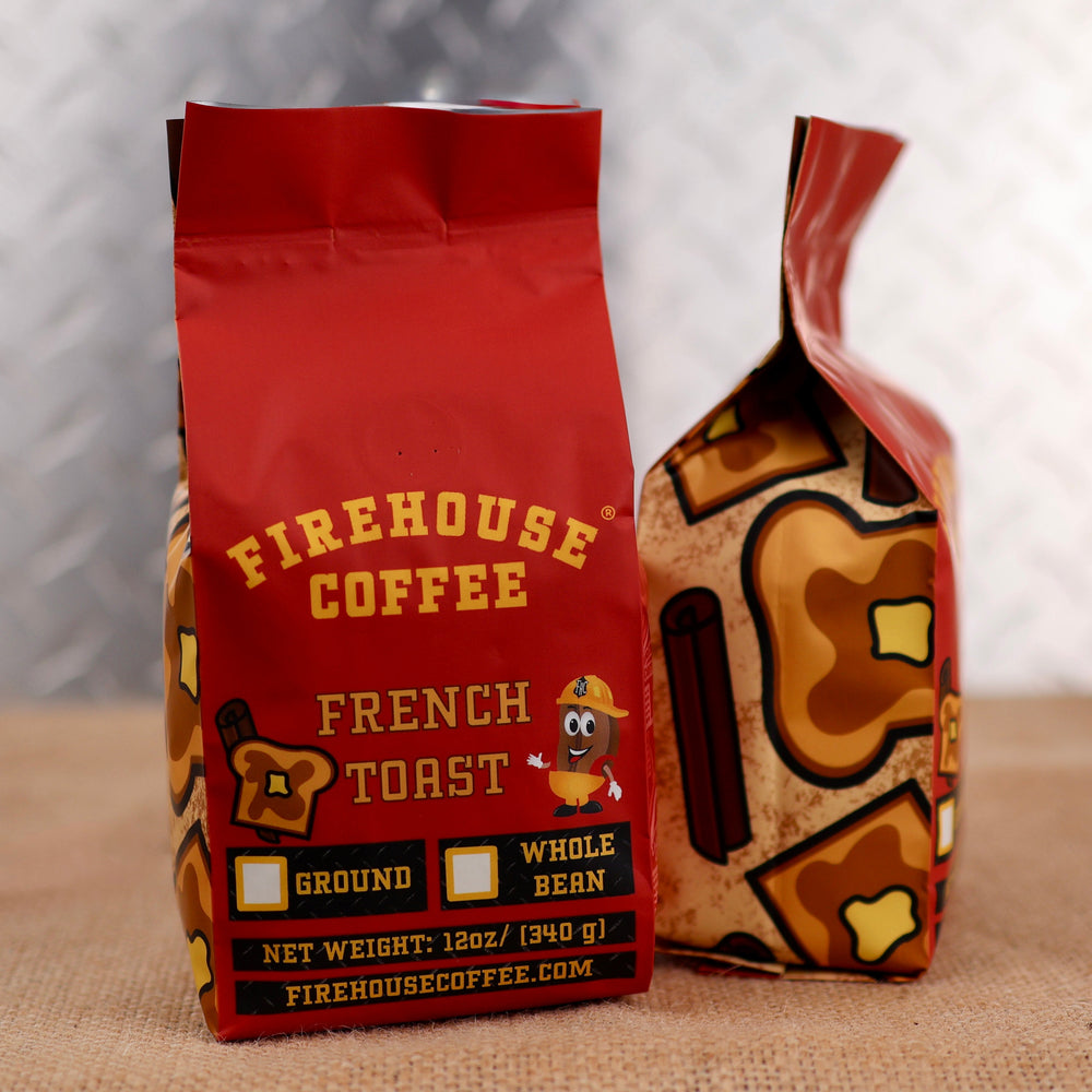 Firehouse Coffee French Toast coffee bag on a textured surface with a photo of toast and a cinnamon stick in the background