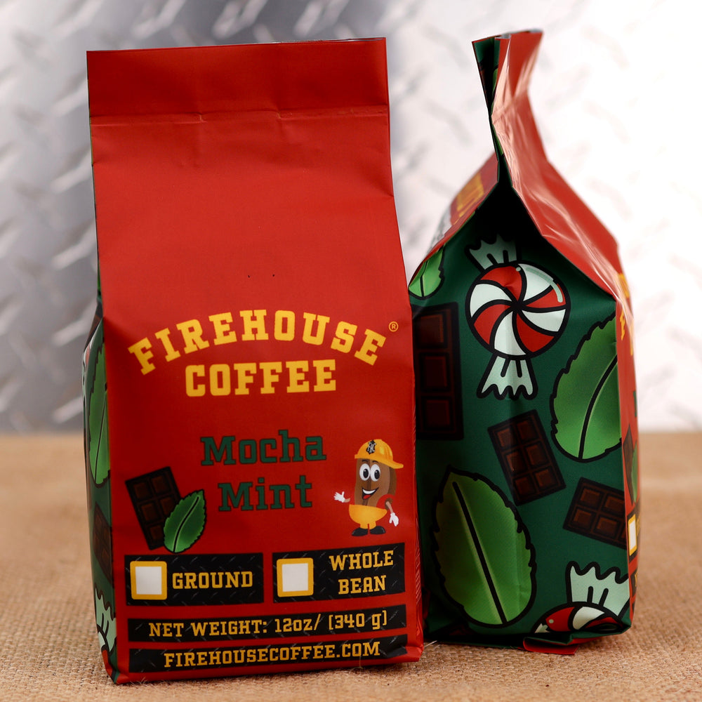 Firehouse Coffee Mocha Mint Flavored Coffee with creamy milk chocolate and refreshing mint flavors, available in ground or whole bean.