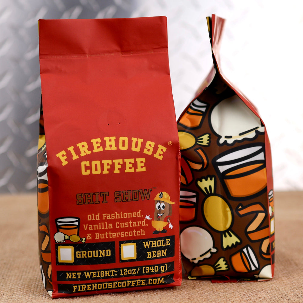 Firehouse Coffee Shit Show Coffee – Old Fashioned Whiskey, Vanilla Custard, and Butterscotch flavored coffee available in whole bean or ground. Premium small-batch roasted coffee in a 12 oz bag.