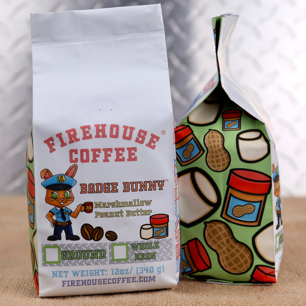 Firehouse Coffee Badge Bunny Marshmallow Peanut Butter flavored coffee with sweet marshmallow and creamy peanut butter flavors, available in ground or whole bean.