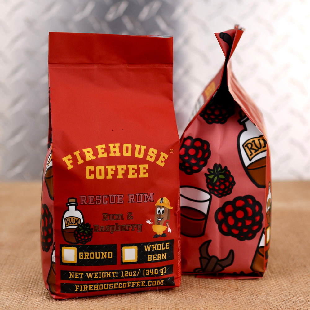 Firehouse Coffee Rescue Rum Raspberry flavored coffee – premium flavored coffee with smooth rum-inspired flavor and sweet raspberry notes, available in whole bean or ground coffee in a 12 oz bag.