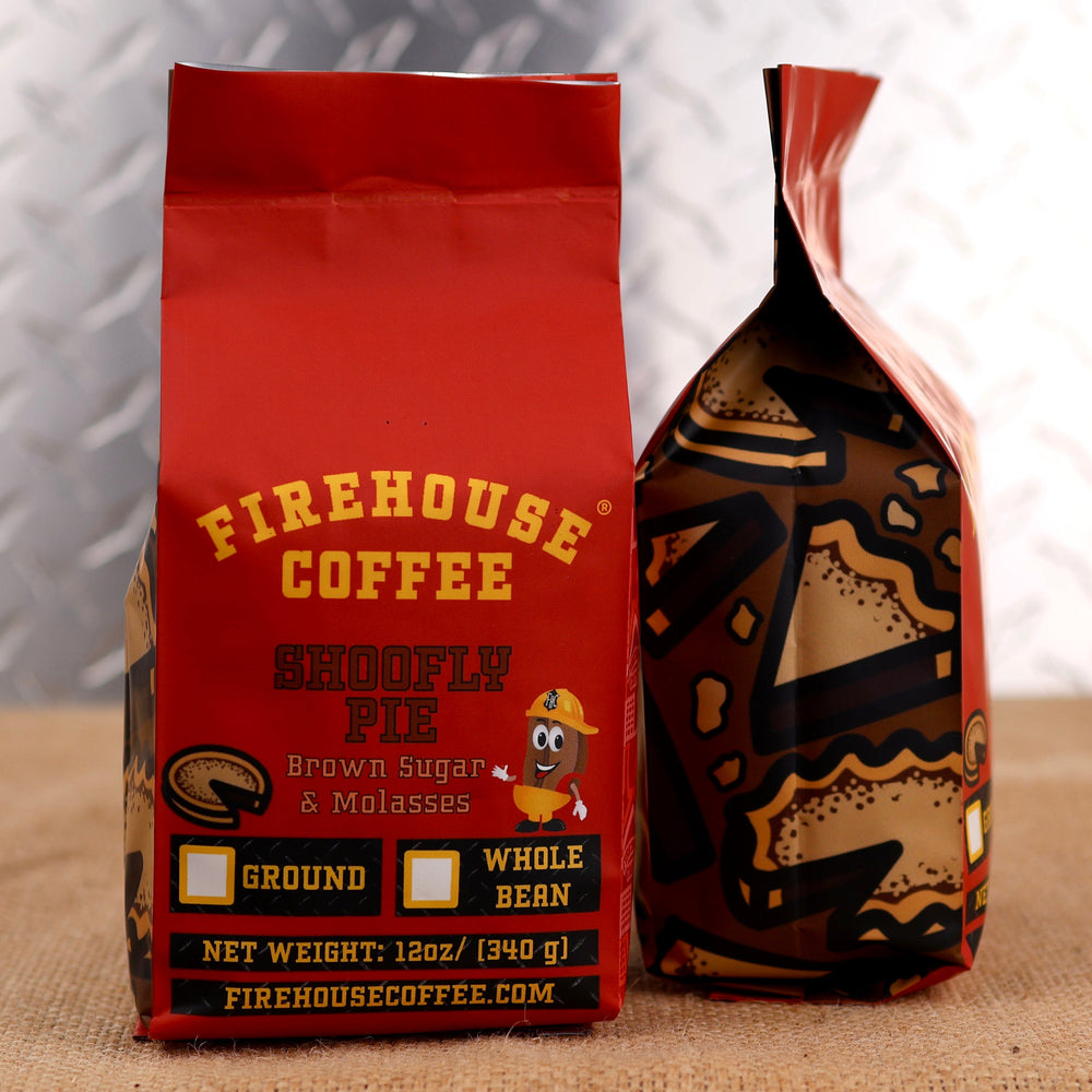Firehouse Coffee Shoofly Pie Flavored Coffee with sweet brown sugar and molasses flavors, inspired by traditional Pennsylvania Dutch shoofly pie, available in ground or whole bean.