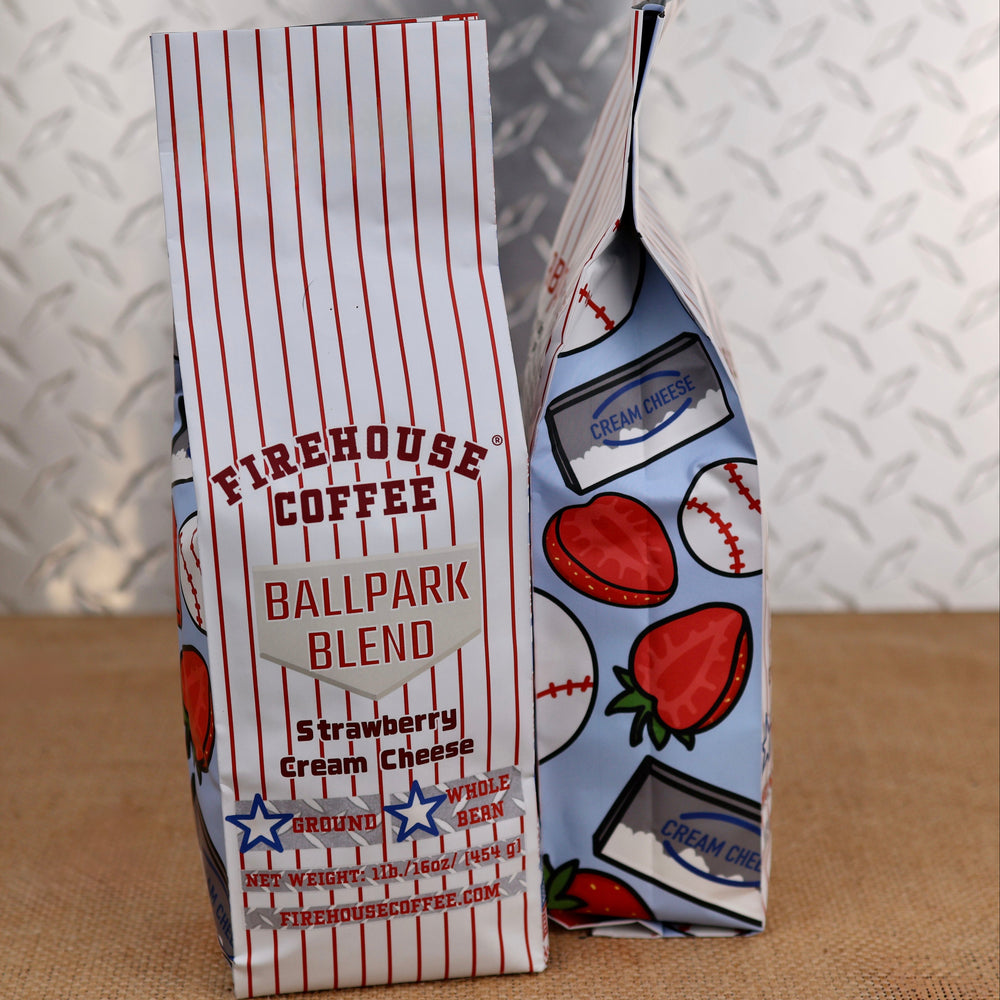 Ballpark Blend Strawberry Cream Cheese Flavored Coffee by Firehouse Coffee available in ground or whole bean