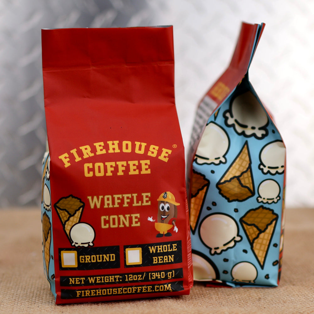 Firehouse Coffee Vanilla Waffle Cone Flavored Coffee whole bean or ground with creamy vanilla and sweet waffle cone flavor in a freshly roasted gourmet coffee blend.