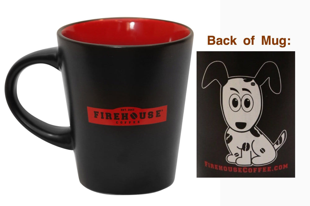 Black Firehouse Coffee ceramic mug with red interior and Bean Dog artwork shown on the back.