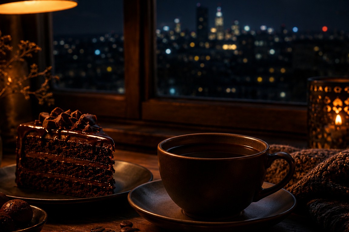 Coffee with cake at night