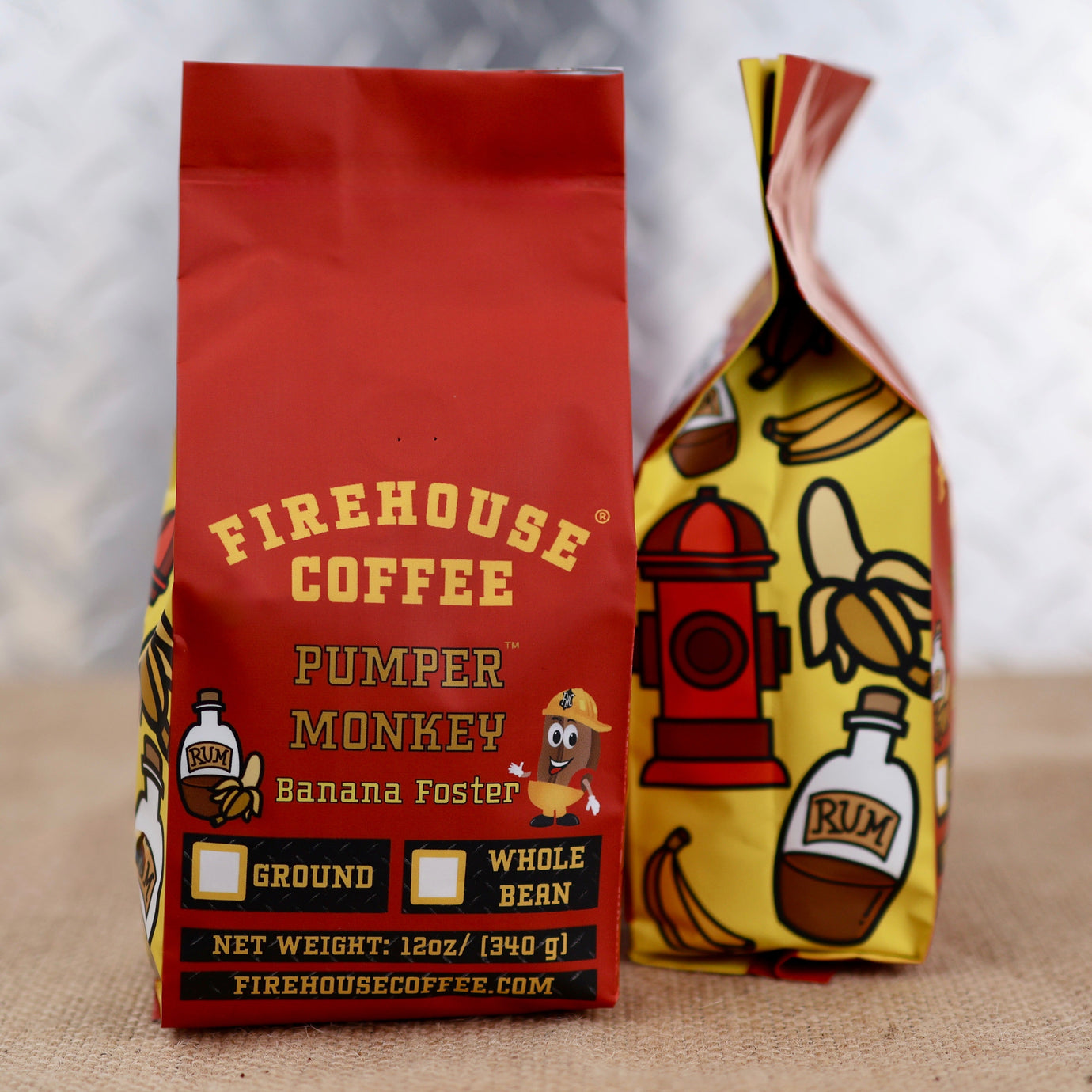 Pumper Monkey is our Banana Foster's Coffee.  The packaging is bright yellow on the side with a photo of a banana and a fire hydrant.  