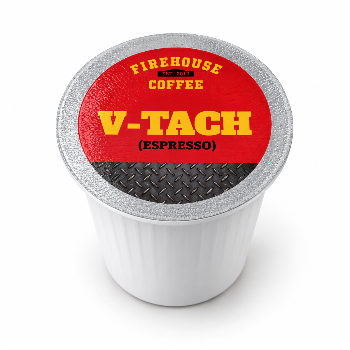 Espresso K-Cup with diamond plate and the Firehouse Coffee logo