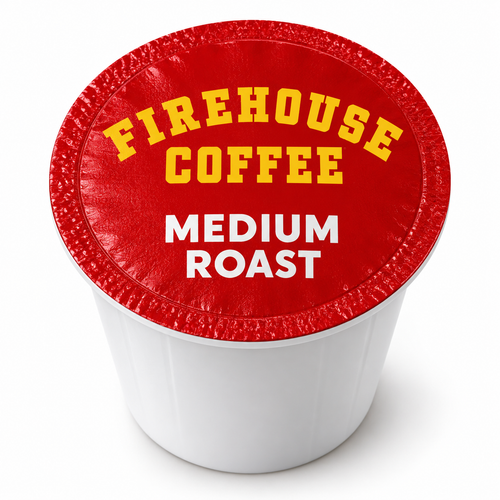 Firehouse Coffee medium roast K-Cup with red lid and gold logo.