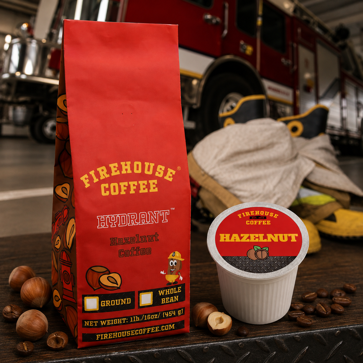 Firehouse Coffee Hydrant Hazelnut coffee bag and hazelnut K-Cup with whole hazelnuts, coffee beans, a fire engine and firefighter gear.
