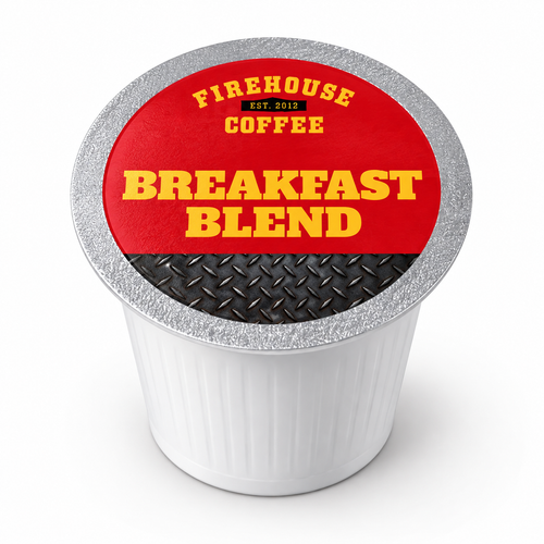 Breakfast Blend K-Cup designed with diamond plate and red and yellow Firehouse Coffee logo