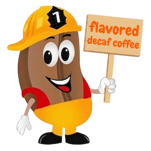 Firehouse Coffee Bean Character Holding a Flavored Decaf Coffee Sign