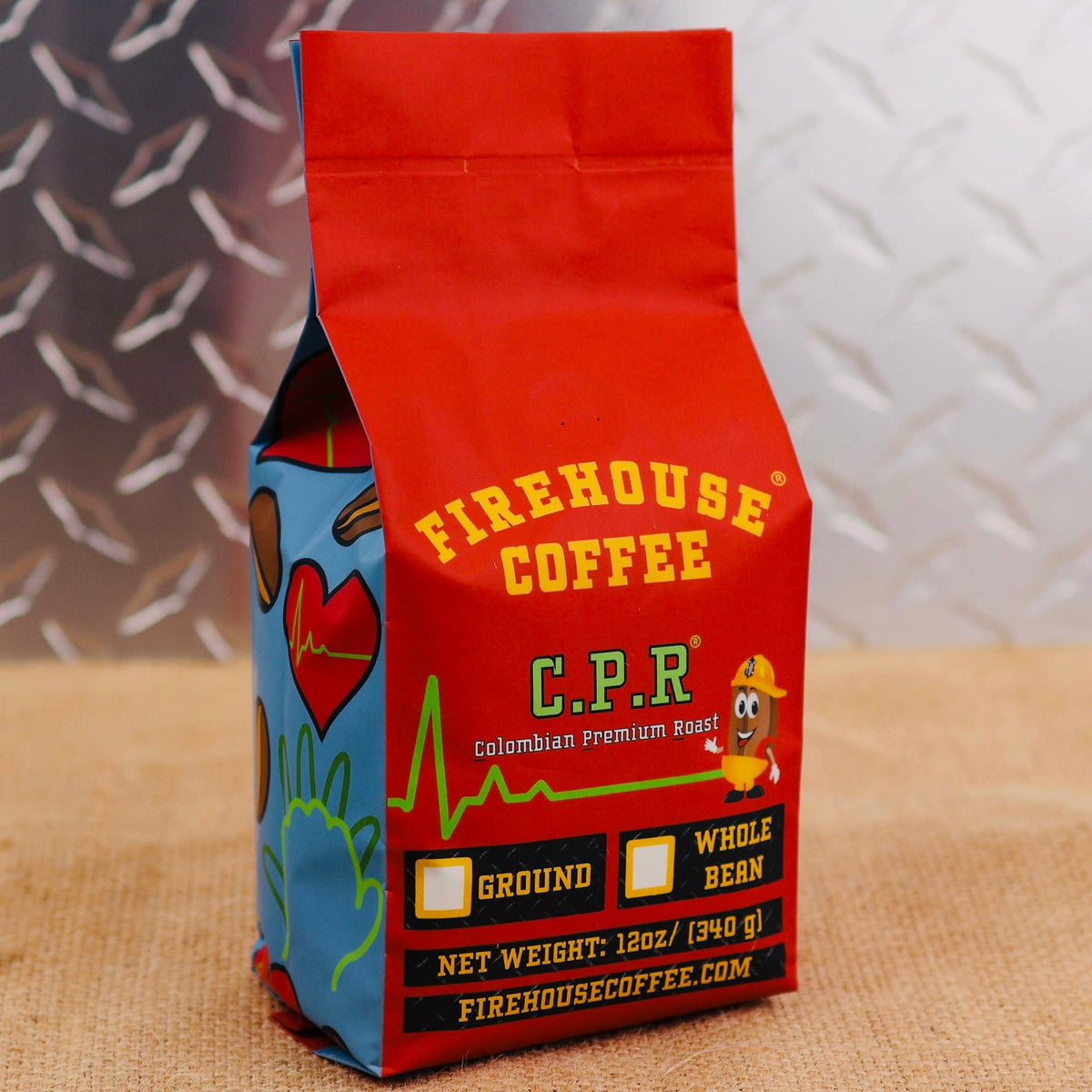 Firehouse Coffee C.P.R. Colombian Premium Roast 12 oz bag with red packaging and a blue side panel.