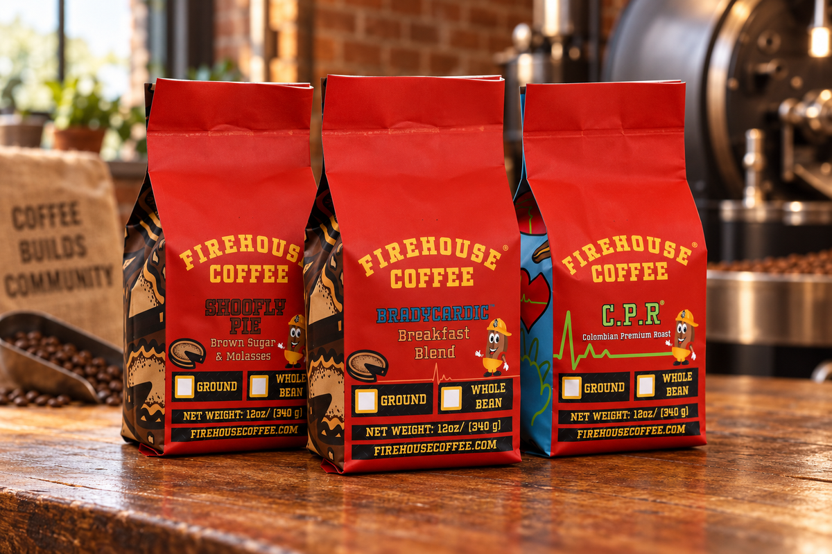 Shoofly Pie, Bradycardic Breakfast Blend and CPR Colombian coffee bags on a roastery counter.