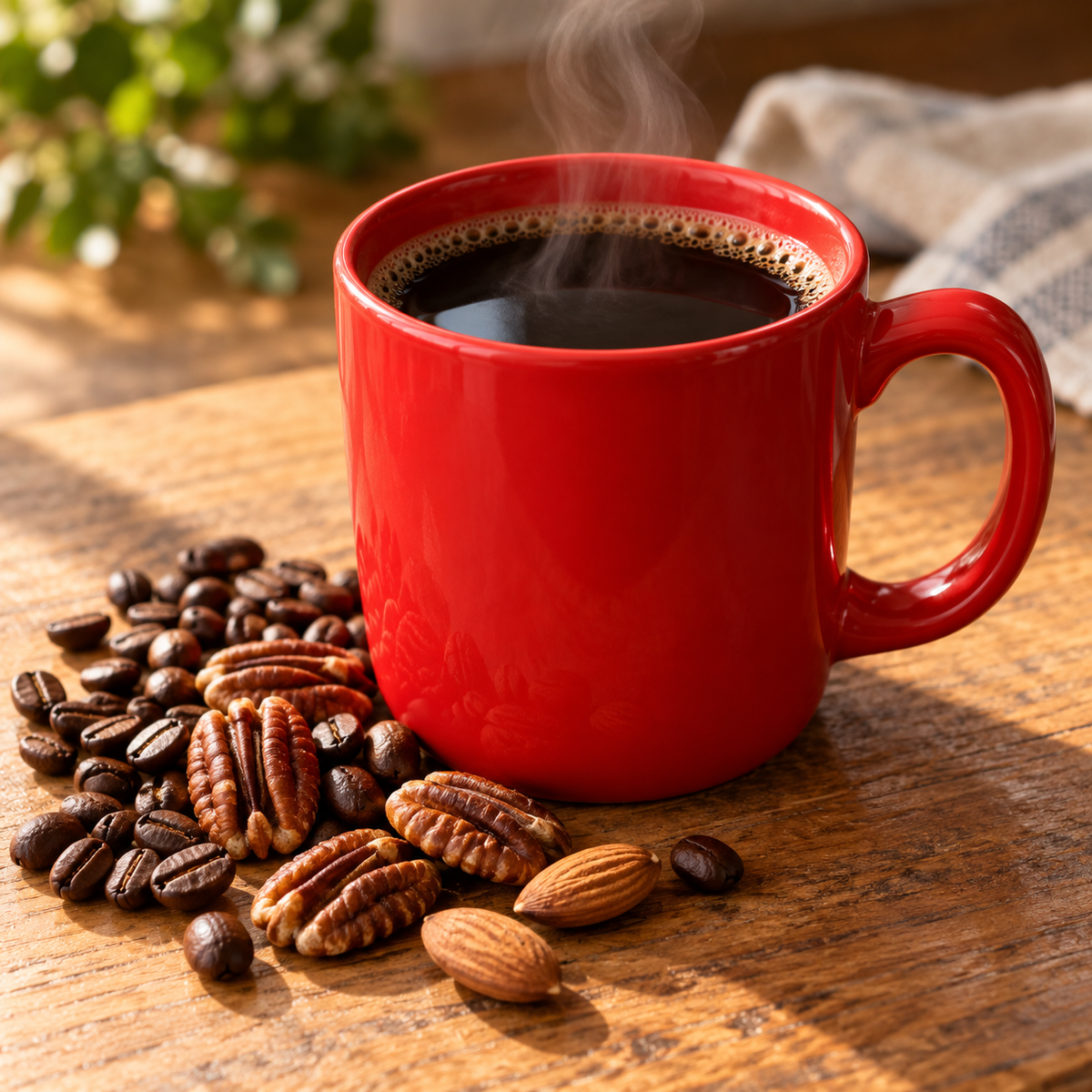 Steaming coffee in a bright red mug beside roasted coffee beans, pecans and almonds on a wooden counter.