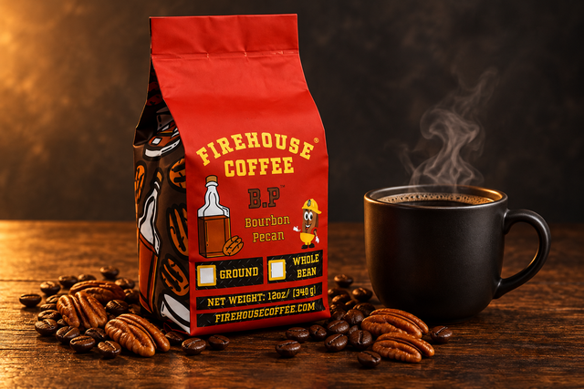 Firehouse Coffee Bourbon Pecan bag beside a steaming black mug, pecans and roasted coffee beans on an oak table.