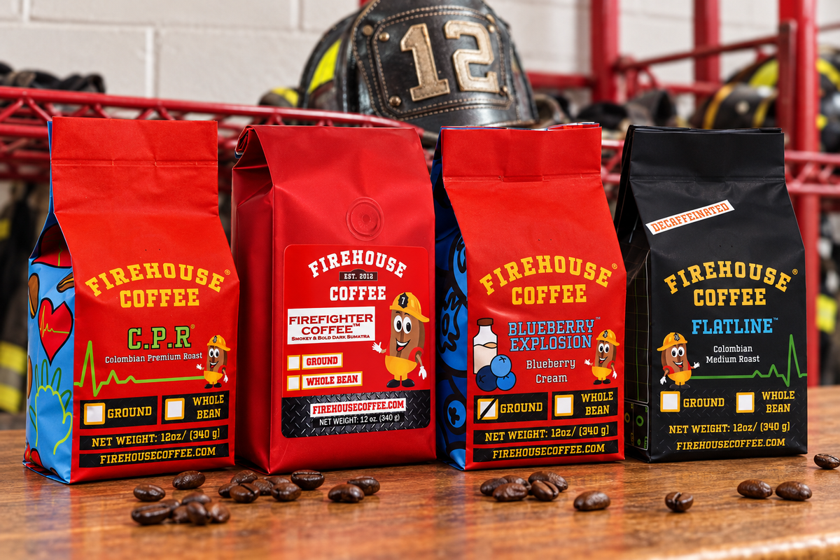 CPR Colombian, Firefighter Sumatra, Blueberry Explosion and Flatline decaf coffee bags in front of a number 12 firefighter helmet.