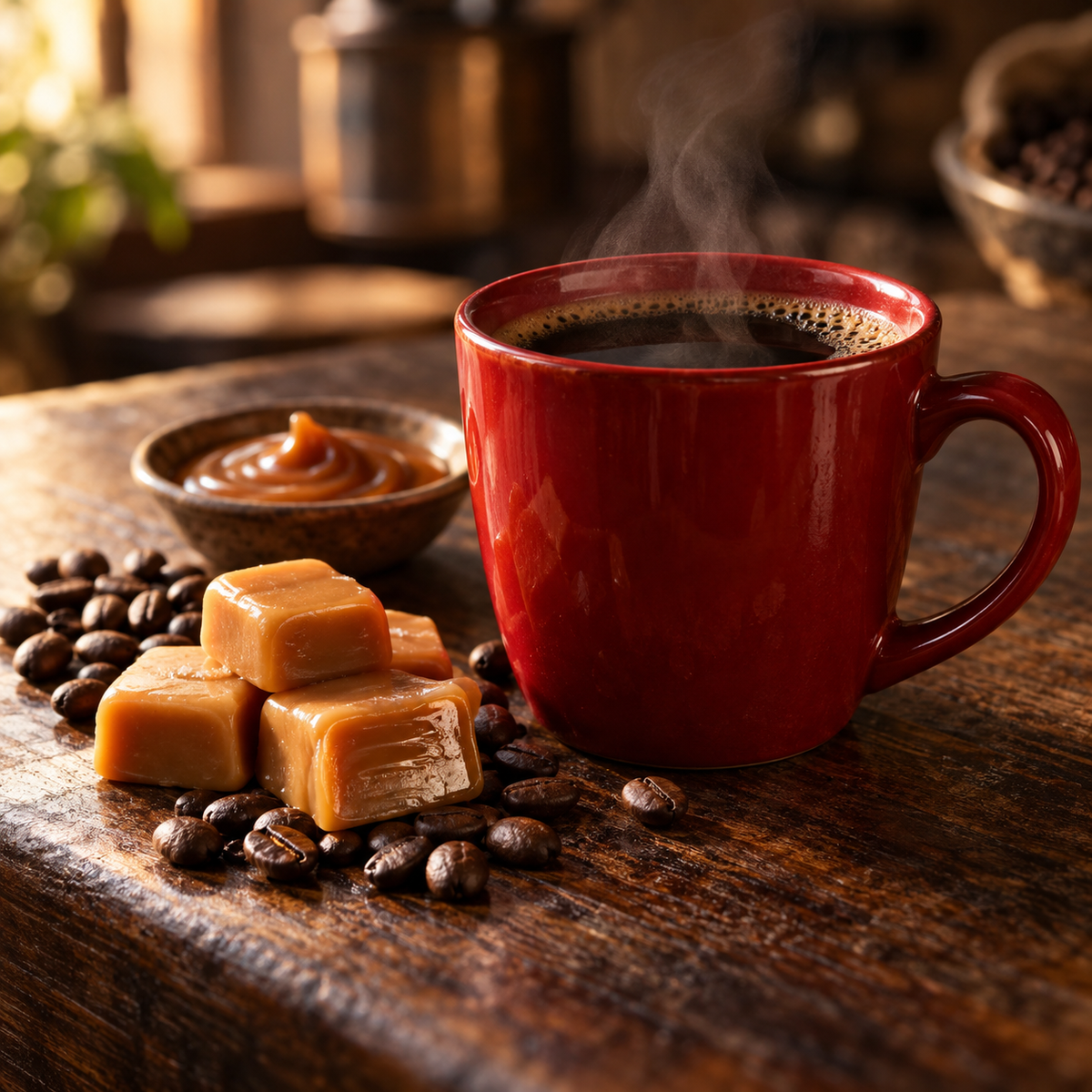 Steaming coffee in a red mug beside golden caramel squares, caramel sauce and roasted coffee beans.