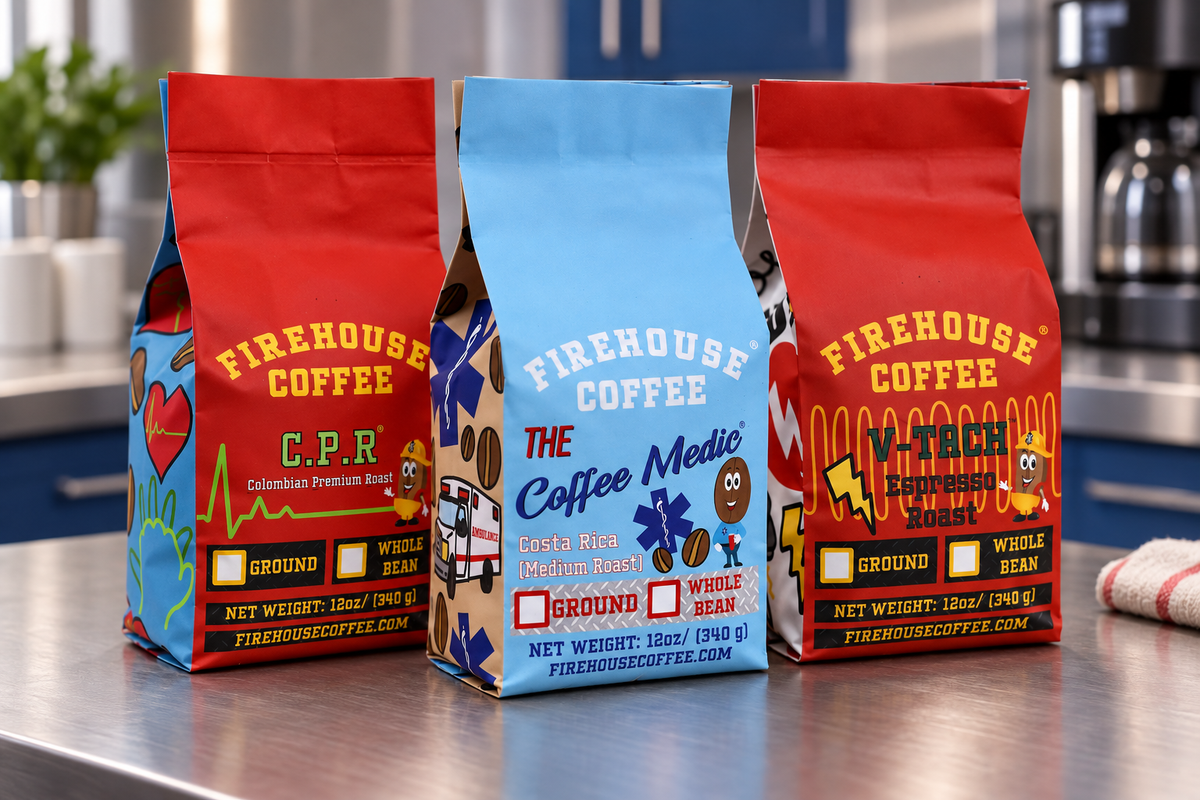 CPR Colombian, Coffee Medic Costa Rica and V-Tach Espresso coffee bags on a break-room counter.